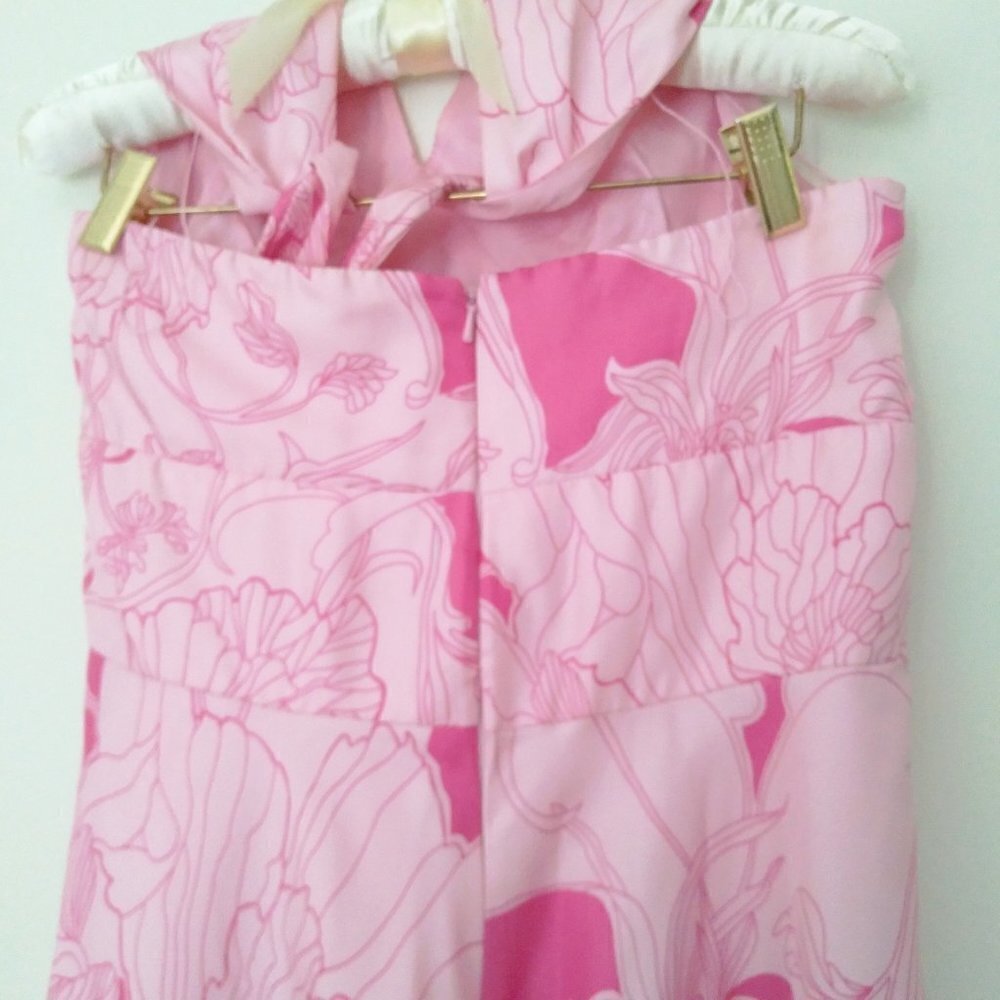 Maggie London Pink on Pink Silk Halter Circle Dress Retro Floral Femme Fun! Sz12 - Picture 4 of 8